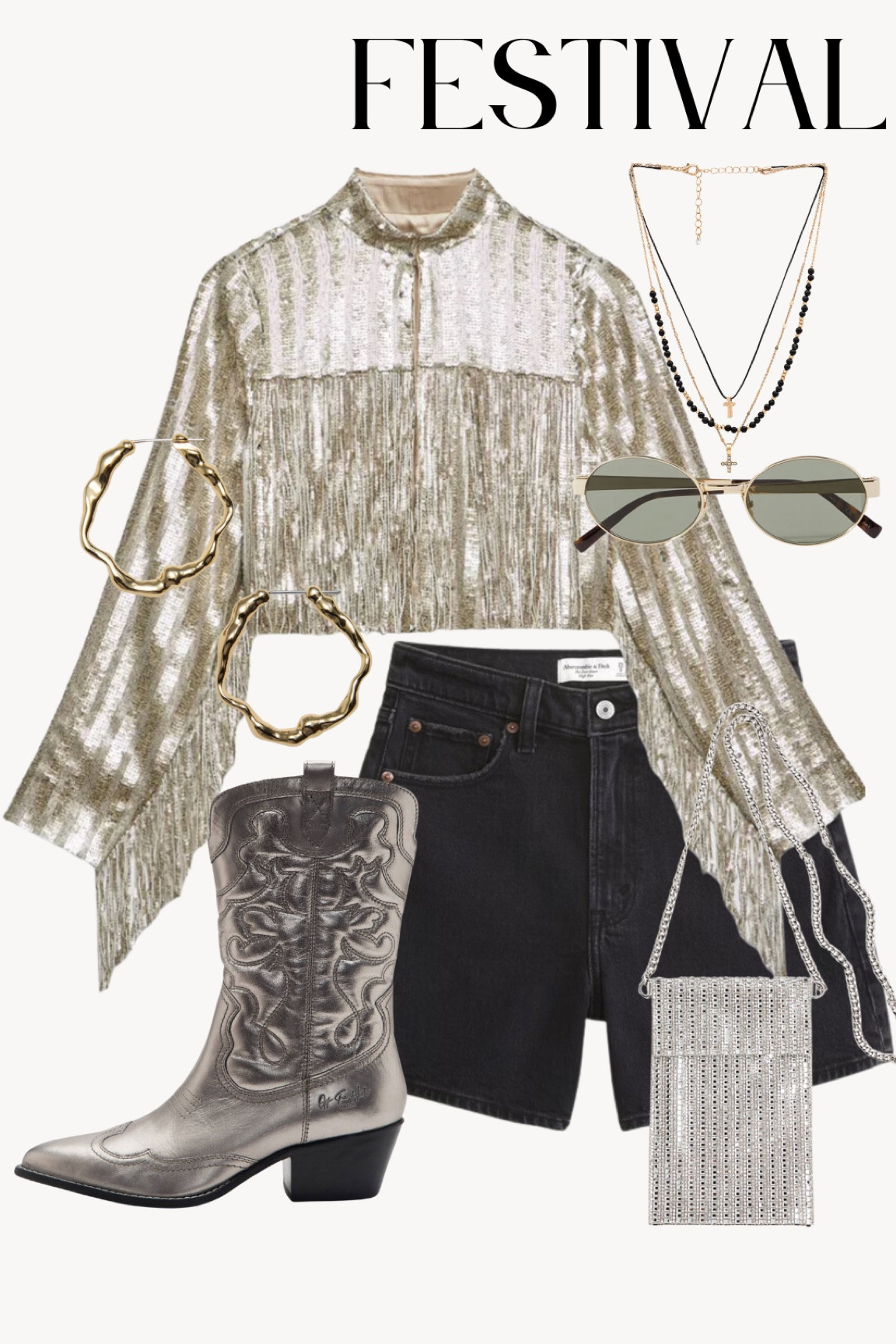 Metallic tassel jacket, black denim shorts, western boots, diamanté bag. Festival outfit, eras tour, concert outfit, Glastonbury festival outfit, summer party wear.

#LTKstyletip #LTKsummer #LTKpartywear