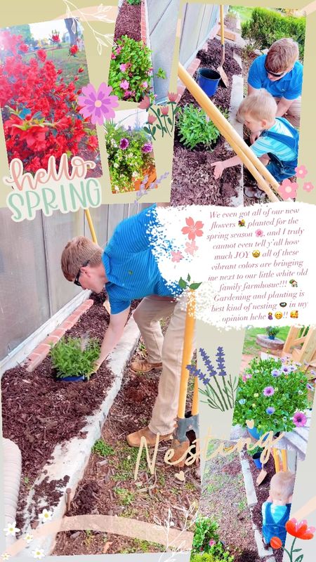 We even got all of our new flowers 💐 planted for the spring season 🌸, and I truly cannot even tell y’all how much JOY 🤩 all of these vibrant colors are bringing me next to our little white old family farmhosue!!! 🏡 Gardening and planting is best kind of nesting 🪺 in my opinion hehe🤰🤭!! 🥰

#LTKfamily #LTKSeasonal #LTKkids