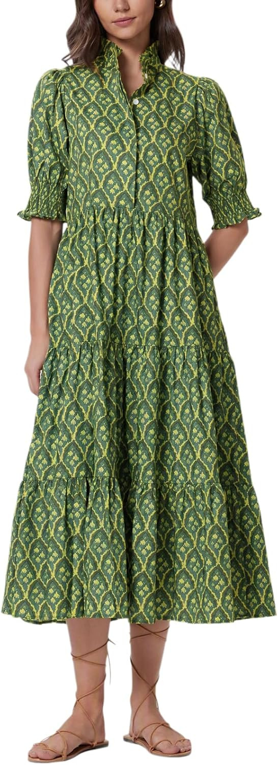 D-Sun Women Floral V-Neck Maxi Dress Button Down Printed Short Puff Sleeve Tiered Collared Flowy Elegant Long Dress Pocket | Amazon (US)