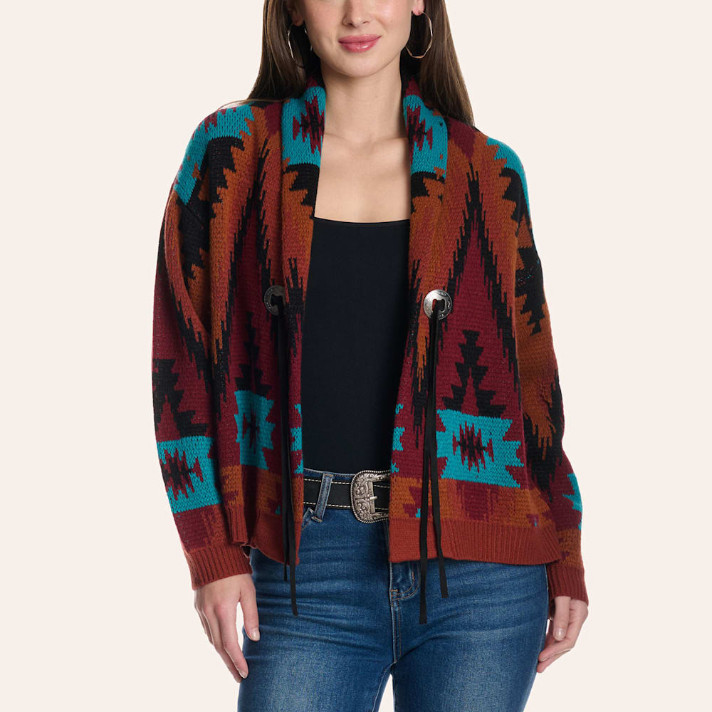 Rockin' C Women's Rust & Turquoise Aztec Print Concho Fringe Cardigan | Cavender's