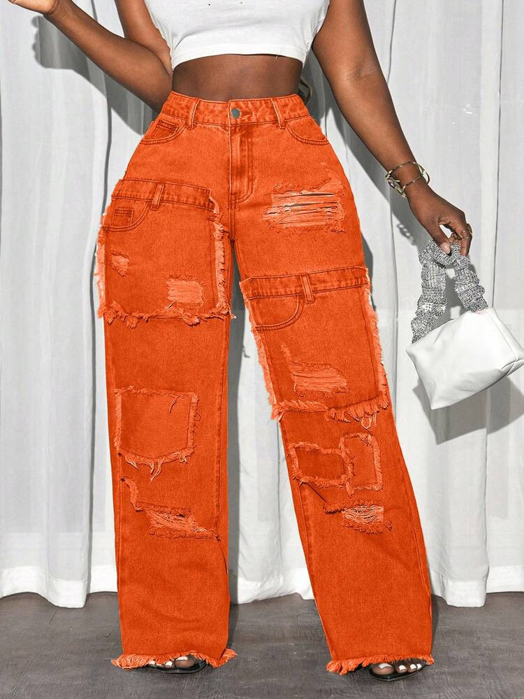 Slaydiva Plus Size Casual Washed Distressed Wide Leg Jeans | SHEIN