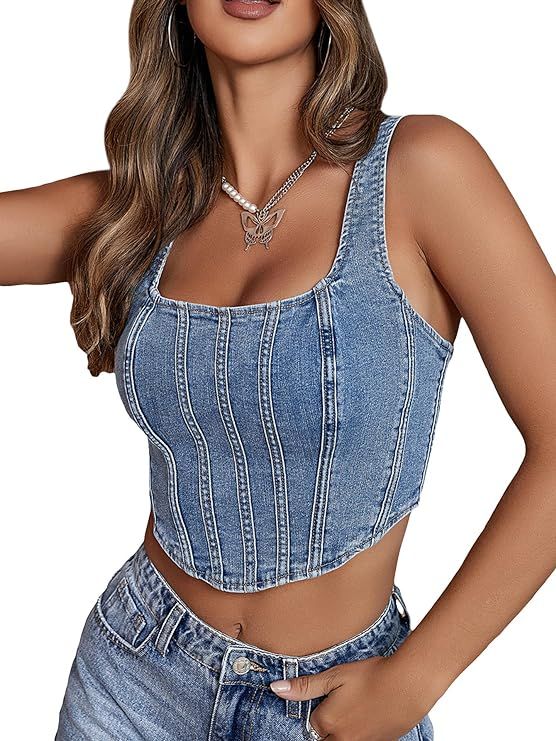 Floerns Women's Square Neck Sleeveless Corset Denim Top Asymmetrical Hem Zip Up Back Crop Tank To... | Amazon (US)