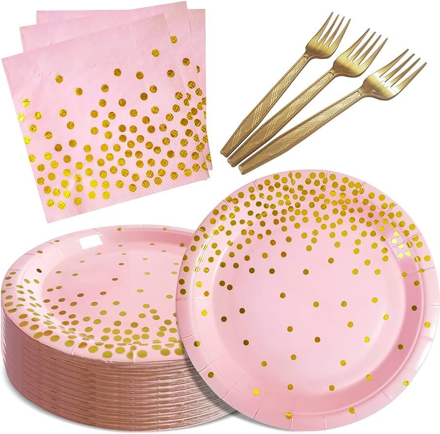 Amazon.com: WXLDGHQ Pink and Gold Party Supplies,Serves 35 Guests 7" Pink Paper Plates and Napkin... | Amazon (US)