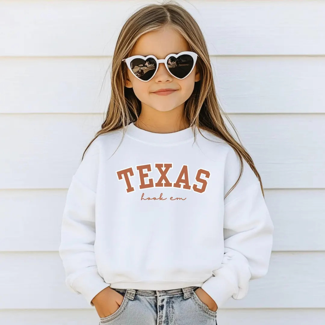 Youth University of Texas Sweatshirt, Kids Hook Em Crewneck, Girls Texas College Football Sweater... | Etsy (US)