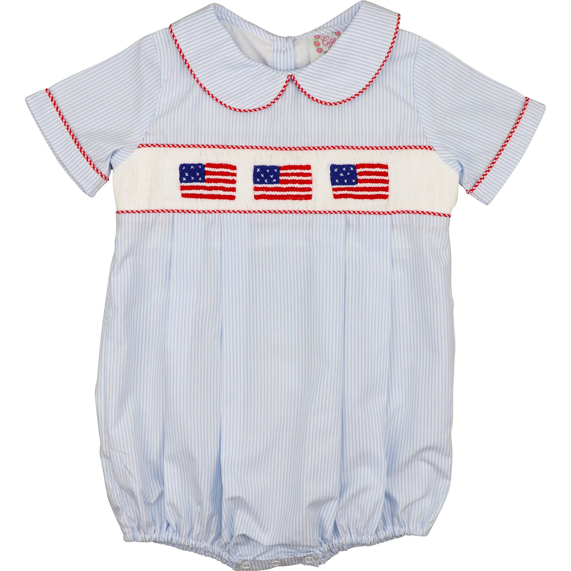 Blue Mini Stripe Smocked Flags Bubble | Eliza James Kids