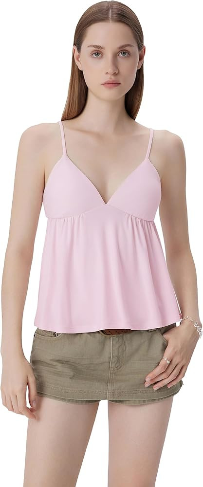 SUUKSESS Women V Neck Babydoll Tank Tops with Built in Bra Summer Cute Peplum Cami Going Out Tops | Amazon (US)
