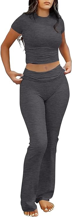 ANRABESS Lounge Sets for Women 2 Piece Foldover Yoga Flare Leggings Pants Crop Tops Casual Y2K Ou... | Amazon (US)