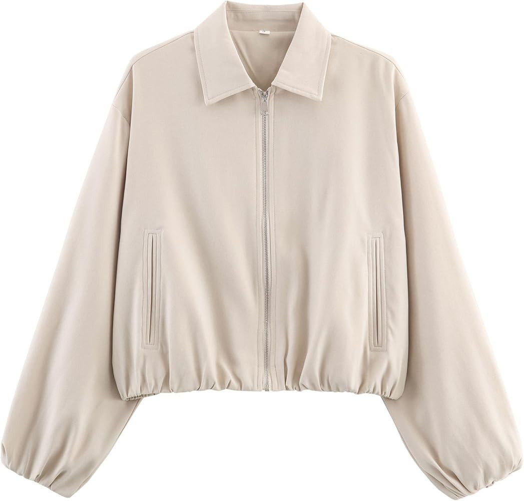 Xunger Women’s Cropped Bomber Jacket Puffed Sleeves Zip Up Trendy Casual Streetwear Outerwear w... | Amazon (US)