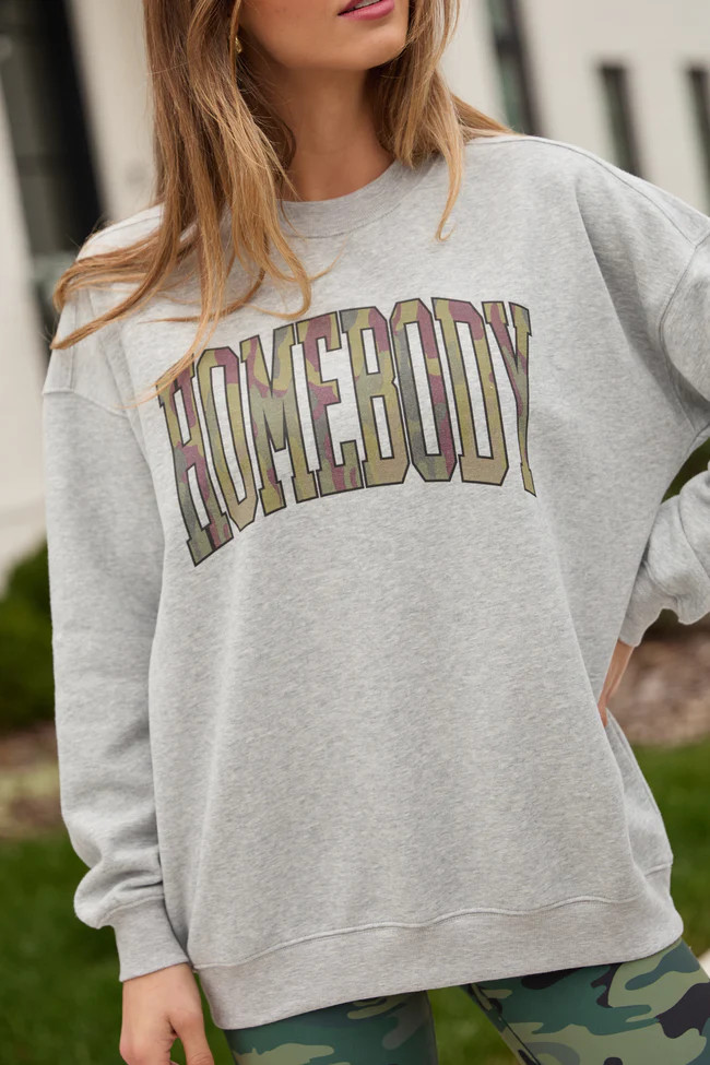 Homebody Camo Light Grey Graphic Sweatshirt SALE | Pink Lily