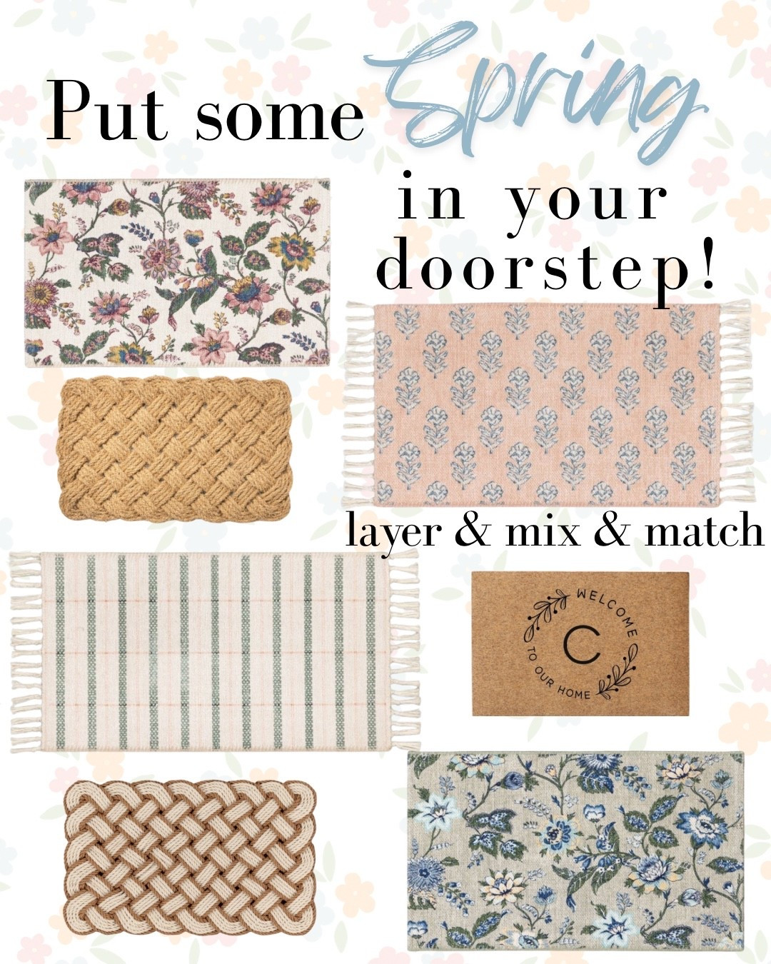 Spring doormat & indoor and outdoor options! Spring refresh! 
Spring refresh, front door, doorstep, new doormat, new spring doormat 

#LTKHome #LTKSeasonal
