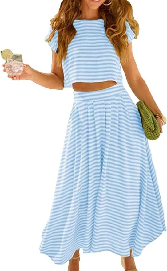 Zontroldy Women's Summer 2 Piece Outfits Striped Skirt Sets Cap Sleeve Crop Top Midi Dress Matchi... | Amazon (US)