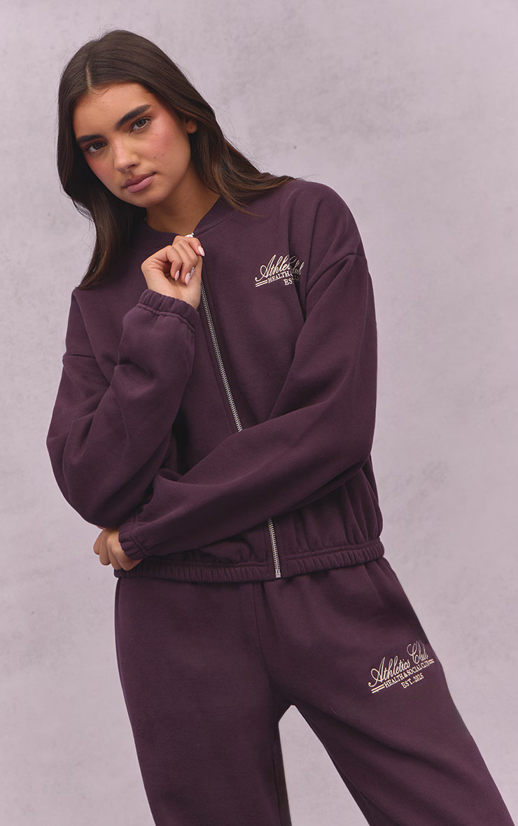 Plum Athletics Club Cotton Fleece Bomber Jacket | PrettyLittleThing UK