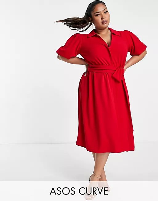 ASOS DESIGN Curve belted shirt dress in red | ASOS (Global)