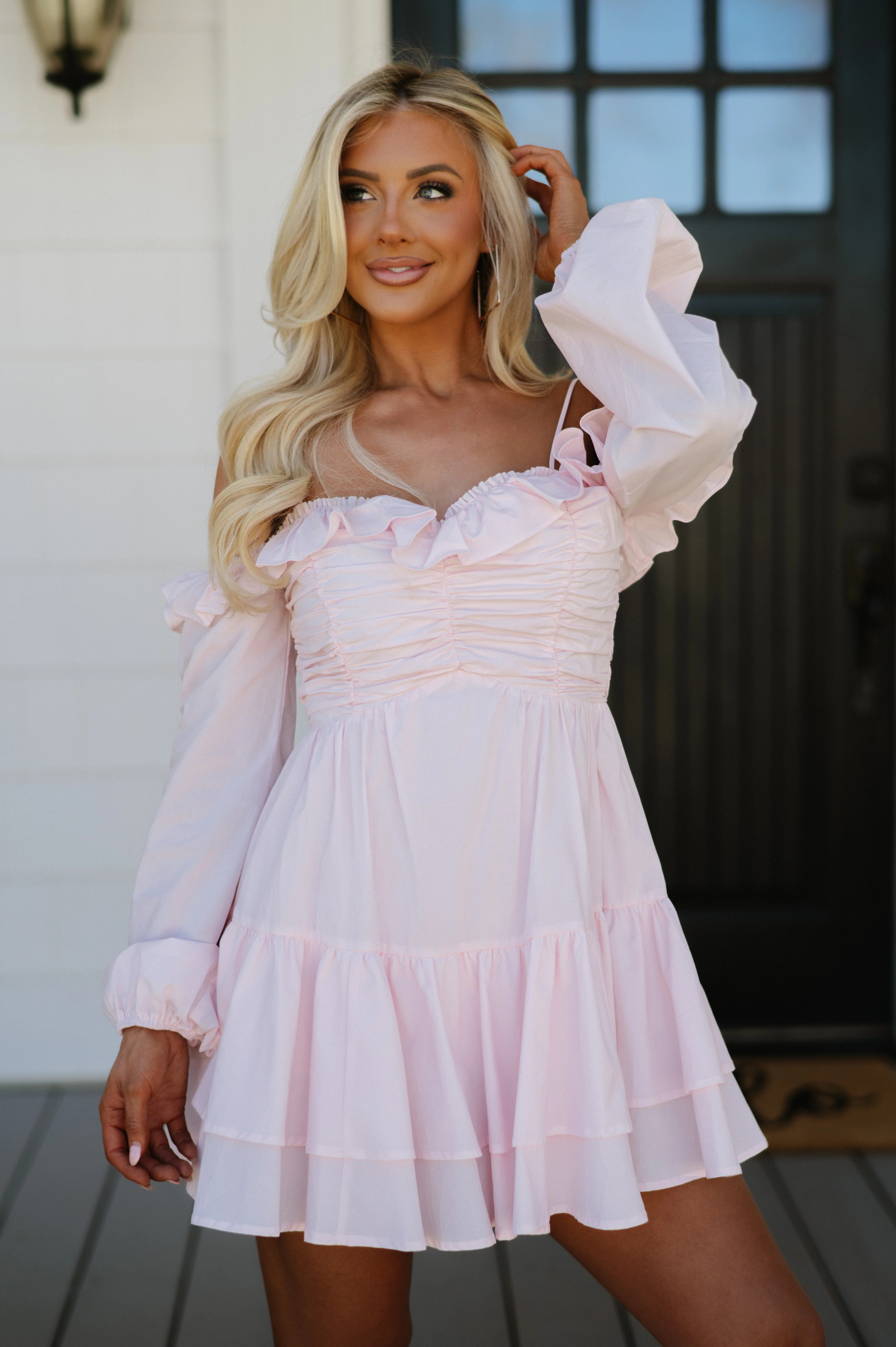 Poplin OTS Tiered Mini Dress-Baby Pink | These Three