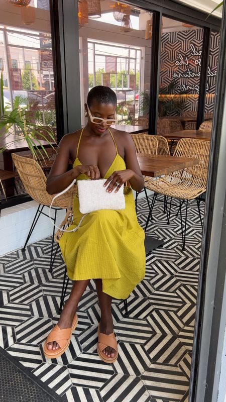 Vacation dress or casual spring outfit! Yellow cut out seersucker midi dress, brown cross strap slides, woven white crossbody purse and and  cream rectangular sunglasses  

#LTKtravel #LTKstyletip #LTKunder100