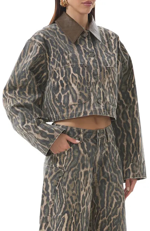AFRM Wrenley Leopard Crop Denim Jacket in Camo Leopard at Nordstrom, Size X-Small | Nordstrom