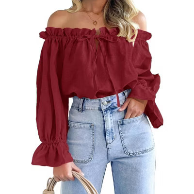 Imily Bela Womens Off The Shoulder Tops Puff Long Sleeve Tie Front Loose Fit Ruffle Shirts Blouses Red Wine M | Target