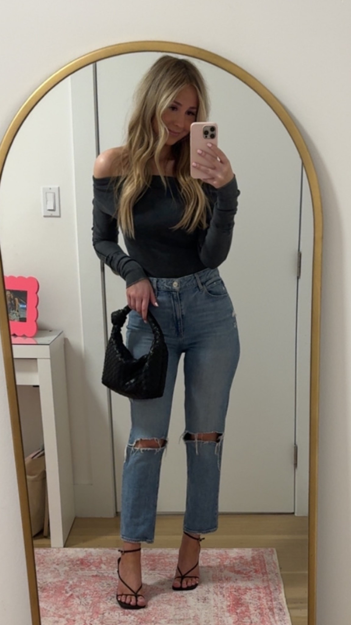 my going out uniform!! 

night out outfit | off the shoulder top outfit | bottega venetta jodie bag dupe | paige denim | paige jeans | steve madden heels | black strappy heels | girls night outfit | date night outfit | black bag | 

