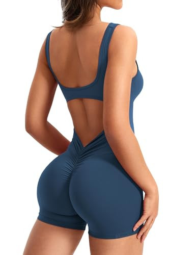 VOYJOY Jumpsuits for Women Tummy Control Backless Scrunch One Piece Workout Jumpsuits V Back Sleeveless Yoga Romper Sea Blue XL | Amazon (US)