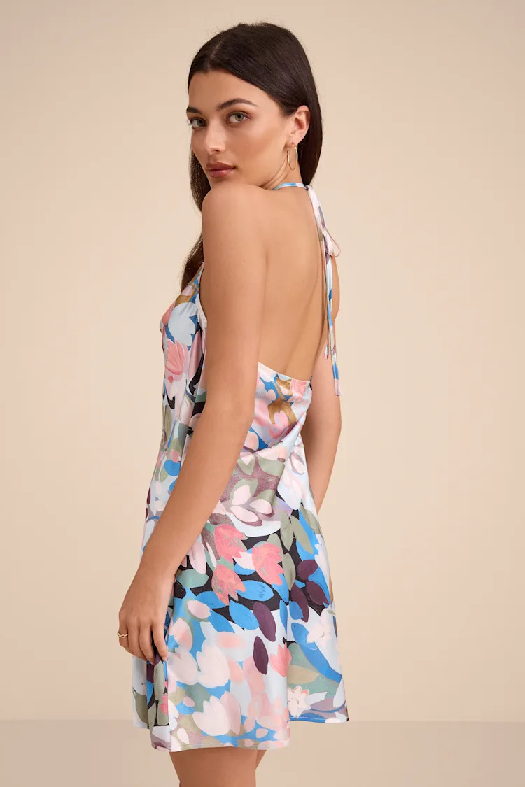 Elevated Effect Multi Floral Satin Halter Slip Mini Dress | over 50 vacation dresses  | Lulus