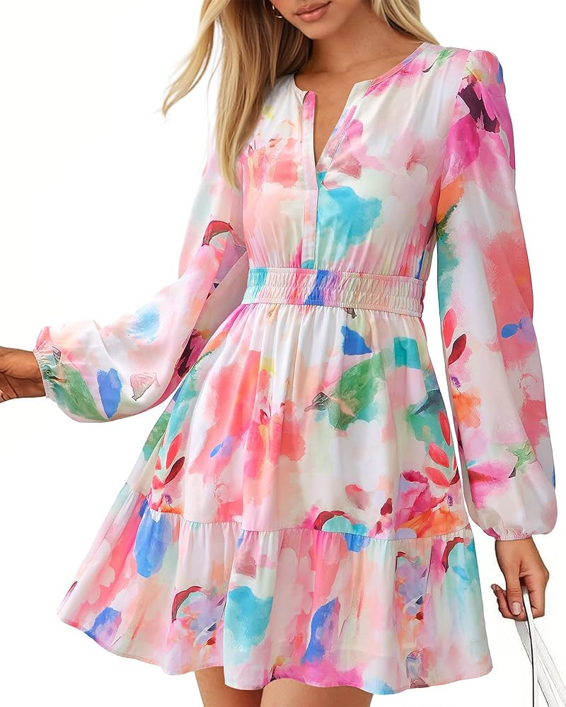 BTFBM Long Sleeve Dress for Women 2026 Spring Summer Mini Elastic Waist Floral Boho Beach Vacatio... | Amazon (US)