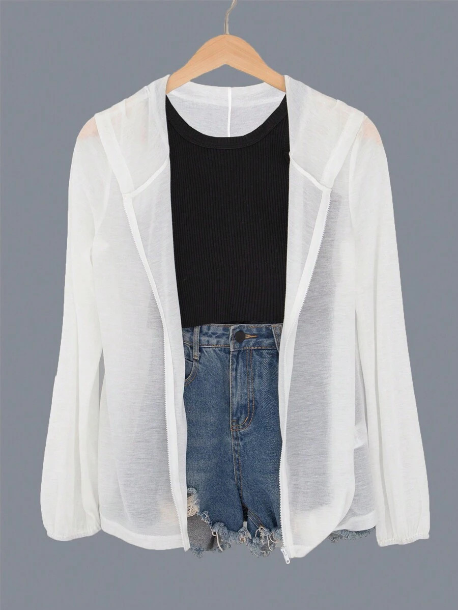 Chiquease Women's Solid Color White Semi-Transparent Sun Protection Jacket | SHEIN
