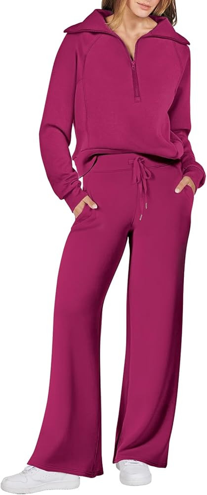 ANRABESS Women 2 Piece Outfits Sweatsuit Set 2023 Fall Oversized Half Zip Sweatshirt Wide Leg Swe... | Amazon (US)