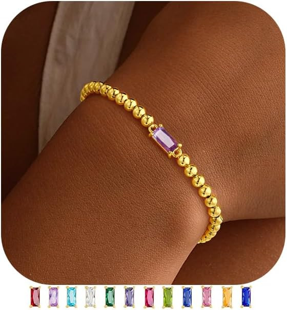 Yoosteel Valentines Gifts for Her Kids Girls - Dainty Birthstone Bracelet for Women Elastic 14K-G... | Amazon (US)