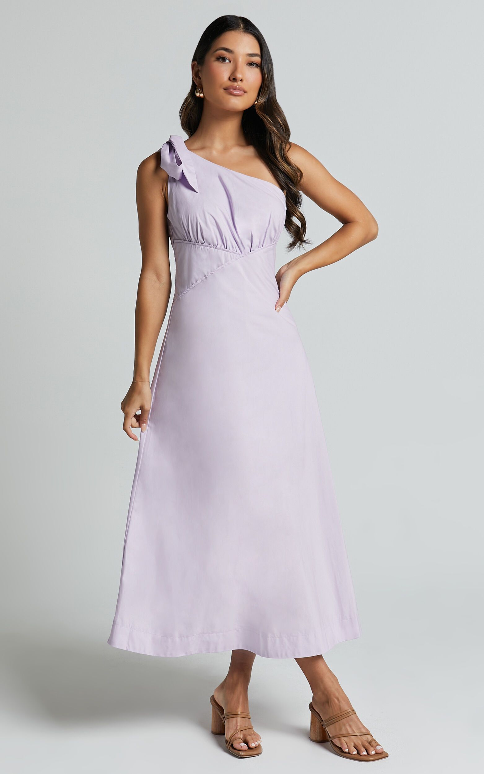Ayah Midi Dress - One Shoulder Bow Detail Midi Dress in Lilac | Showpo (US, UK & Europe)