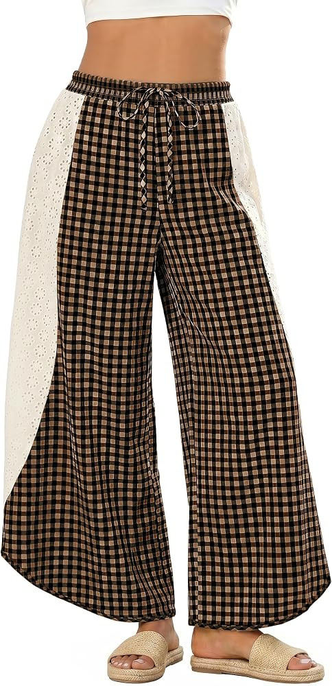 Women's Checkered Palazzo Pants Summer Loose Fit Drawstring Elastic Waist for Lounge | Amazon (US)