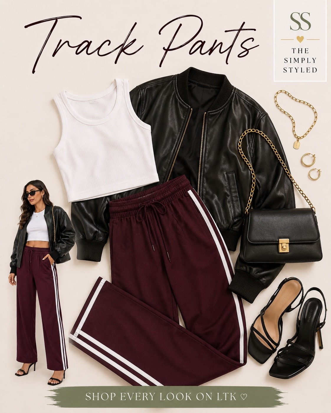 Sporty meets chic—track pants, a leather bomber, and strappy heels create the perfect high-low look for dinner, drinks, or a night out. 🤍

#LTKootd