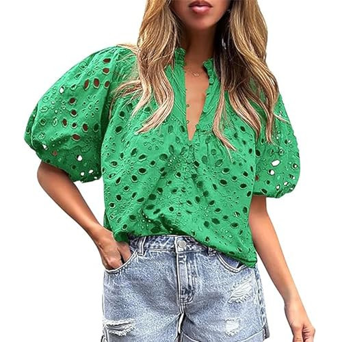 Green Eyelet Tops for Women Summer Tops Embroidered Button Down Shirt Hollow Out Half Puff Sleeve Blouse | Amazon (US)