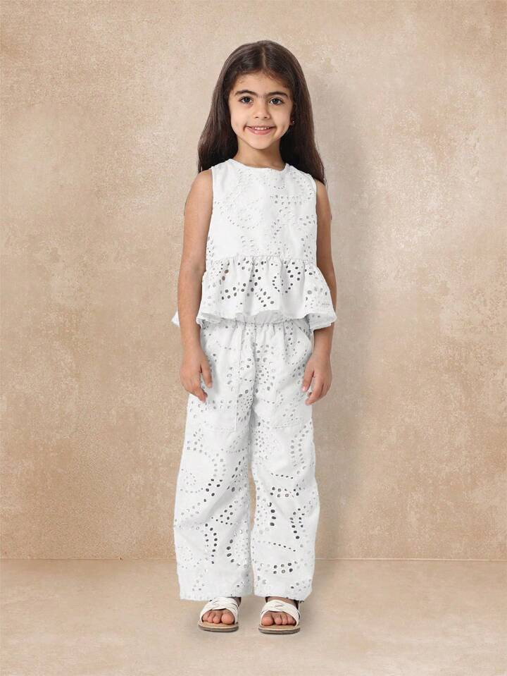 SUMWON Summer Holiday Broderie Anglaise Eyelet Peplum Tank Detailed Tiered Co-Ord For Kids Girls | SHEIN