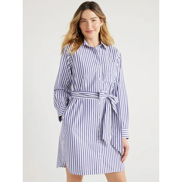 Free Assembly Women’s Cotton Belted Shirtdress with Long Sleeves, Sizes XS-XXL | Walmart (US)