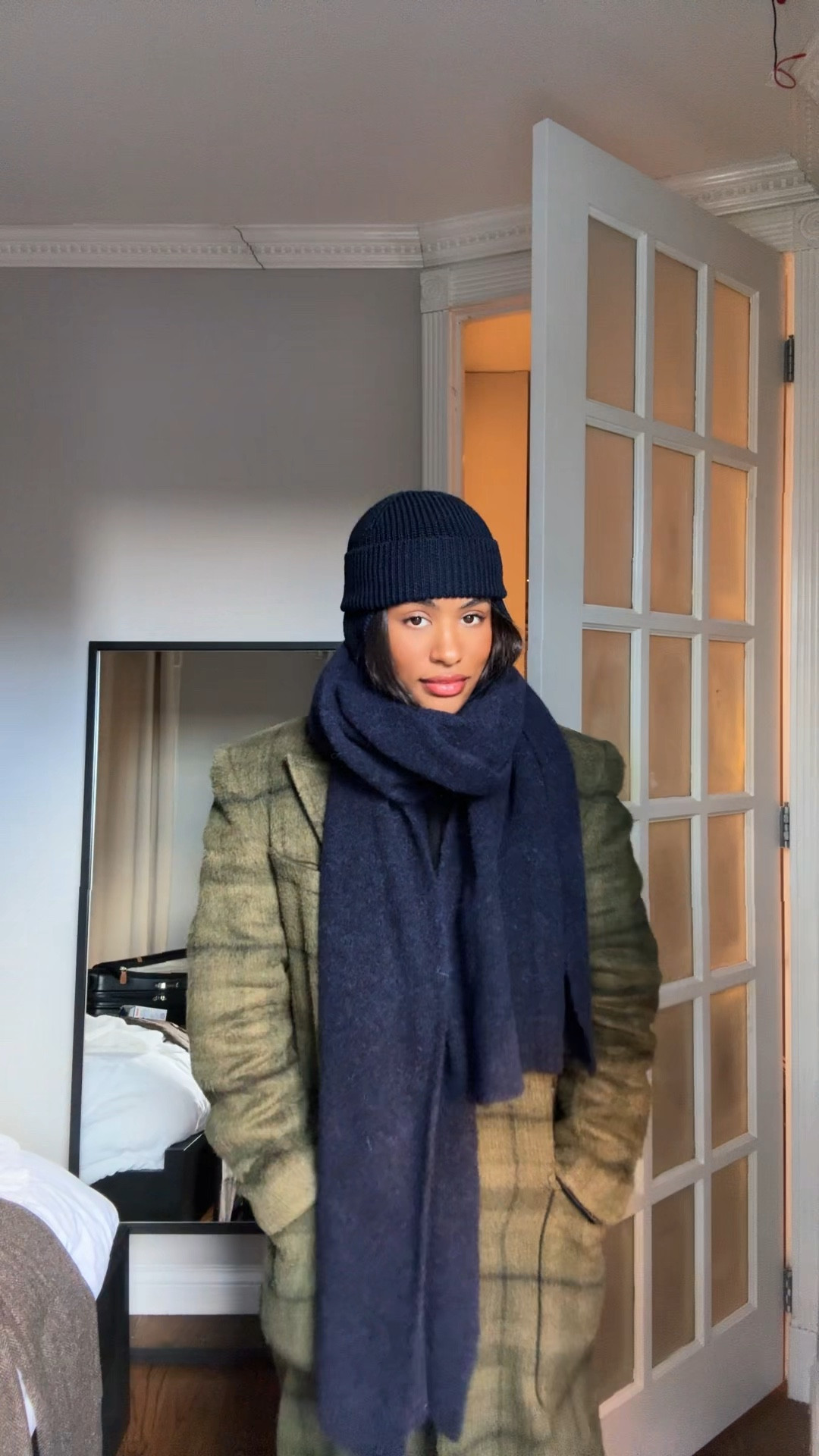 Favorite color pairing. A khaki plaid Dundas X revolve Collab. Navy scarf from sezane and  bevza hat/balaclava. 

Favorite winter look so far

#LTKStyleTip #LTKSeasonal