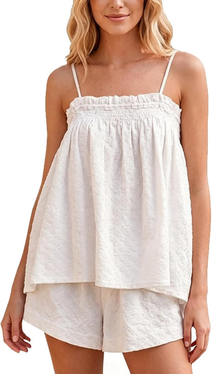 SOOKABEILA Women 2 Piece Lounge Set Sleeveless Striped Cami Peplum Top Boxer Shorts Loose Ruffle ... | Amazon (US)