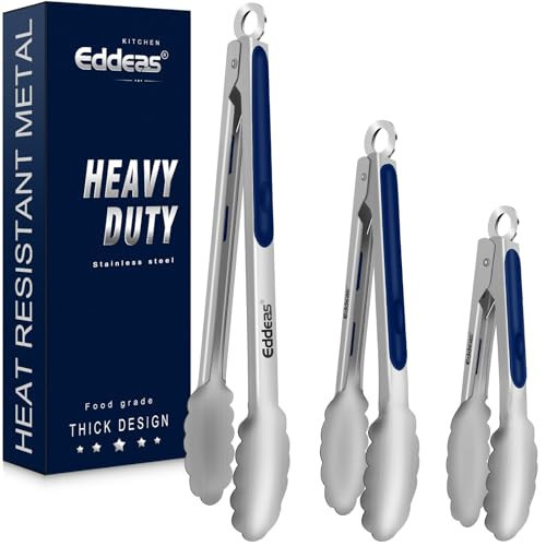Tongs For Cooking - Heat Resistant 600 Degrees Stainless Steel Kitchen Tong, Heavy Duty Metal Locking Tongs - For Food,Salad, grilling, BBQ 7",9" & 12 inch, set of 3 Dishwasher Safe Blue | Amazon (US)