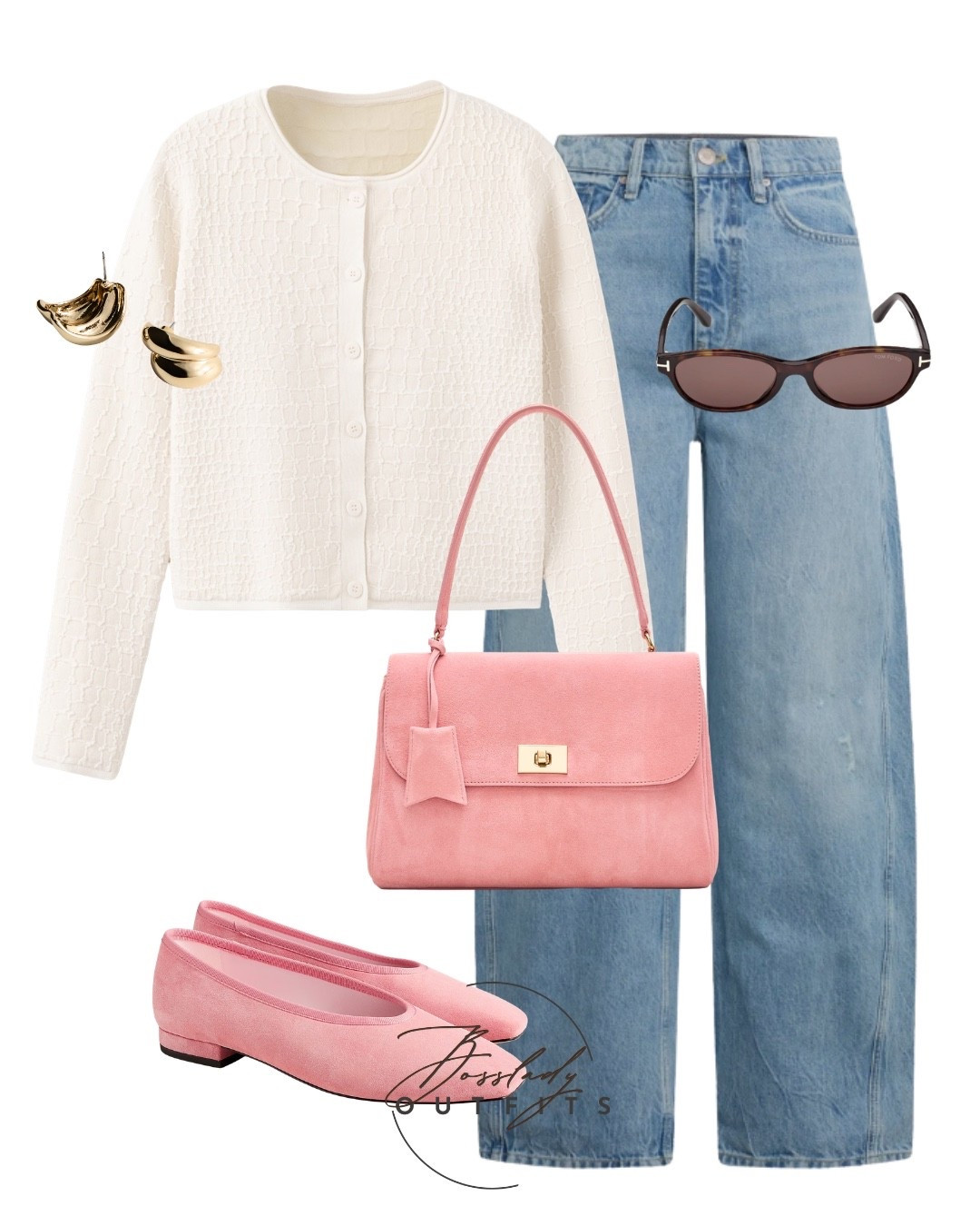 Stepping into the new season with the perfect pop of pink! 🌸✨ This effortless, casual chic look is everything you need for your spring outfits 2026 mood board. You can never go wrong with a classic textured white cardigan paired with relaxed, light-wash wide-leg jeans. It creates the ultimate everyday foundation! I elevated this simple combo with matching pink suede ballet flats and a structured pink suede handbag for that perfect, feminine touch of color. Finished off with chunky gold hoops and vintage-inspired oval sunglasses. Whether you are heading to a weekend brunch, casual Friday at the office, or running everyday errands, this outfit is a must-save.

#LTKbag #LTKstyletip #LTKshoes