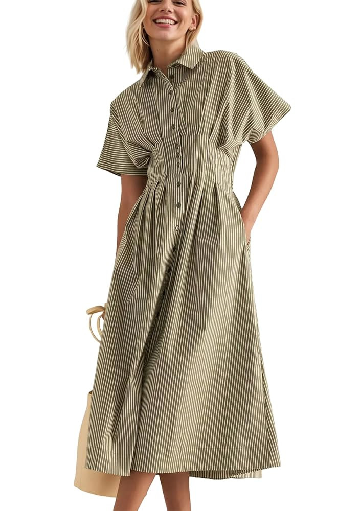 Women Striped Button Down Pleated Shirt Dress Summer Short Sleeve Ruffle A Line Swing Long Blouse... | Amazon (US)