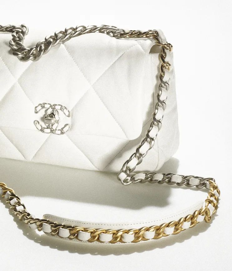 Chanel 19 handbag, Shiny lambskin, gold-tone, silver-tone & ruthenium-finish metal, white — Fas... | Chanel, Inc. (US)