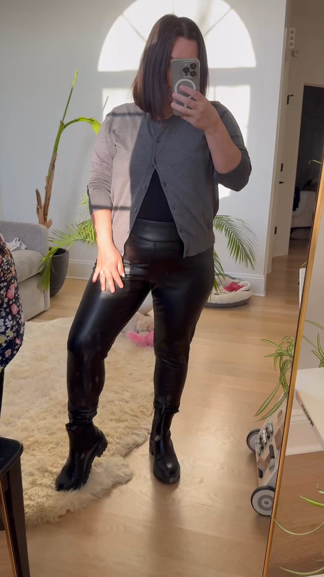 Work wear casual leather leggings gray cardigan black combat boots 

#LTKWorkwear #LTKPetite #LTKStyleTip