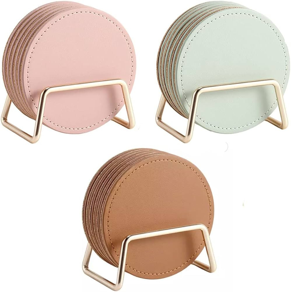 Cute Brown Leather Coasters, Set of 6 Round Coasters with Gold Holder, Kawaii Coasters with Heat-Res | Amazon (US)