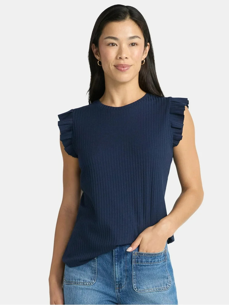 Time and Tru Women's Rib Ruffle Sleeve Top, Sizes XS-XXXL | Walmart (US)
