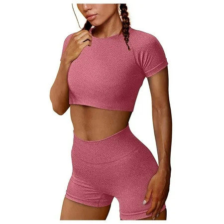 Fashion Women Two-Piece Seamless High-Waisted Sports Shorts Workout Set Pink | Walmart (US)