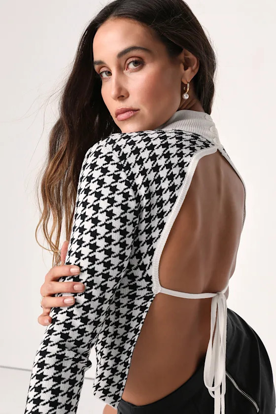 Flirty Attitude Black and White Houndstooth Backless Sweater | Lulus (US)