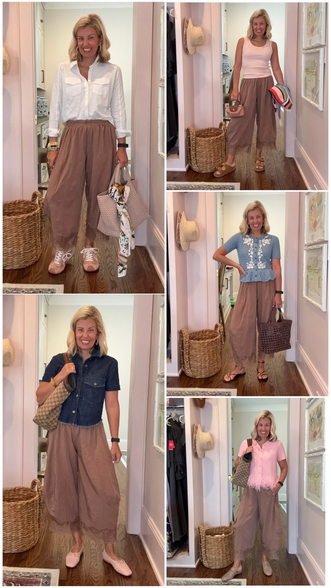 1 pair of pants styled 5 ways! 
Pants - xs
White Top - 2 
Tank - small
Blue Sweater - xs
Stripe Sweater - xs
Denim Top - xs 
Pink Top - small

Codes: 
Boden - HHCX on new styles 
Allie + Bess - Catherine20

#LTKdayinmylife #LTKootd #LTKmomlife