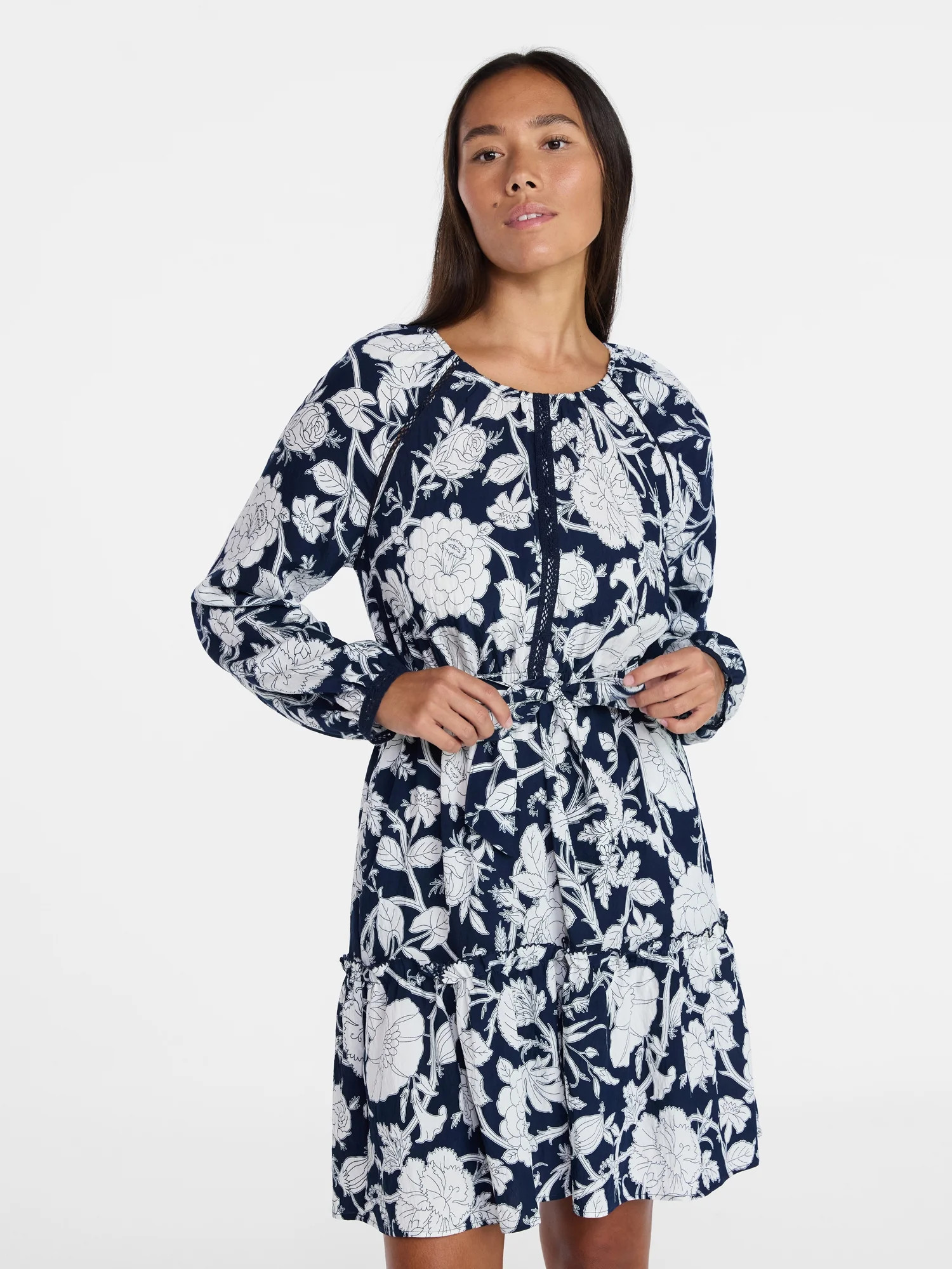 Time and Tru Women's Lace Trimmed Mini Dress with Long Sleeves, Sizes XS – XXXL | Walmart (US)
