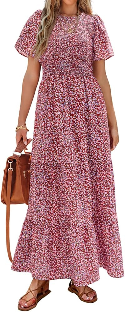 PRETTYGARDEN Women's 2024 Summer Casual Flutter Short Sleeve Boho Floral Maxi Dress Crew Neck Smo... | Amazon (US)