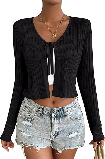 Womens Tie Front Cardigan Long Sleeve Rib Knit Shrug for Dress Sweaters Crop Tops | Amazon (US)