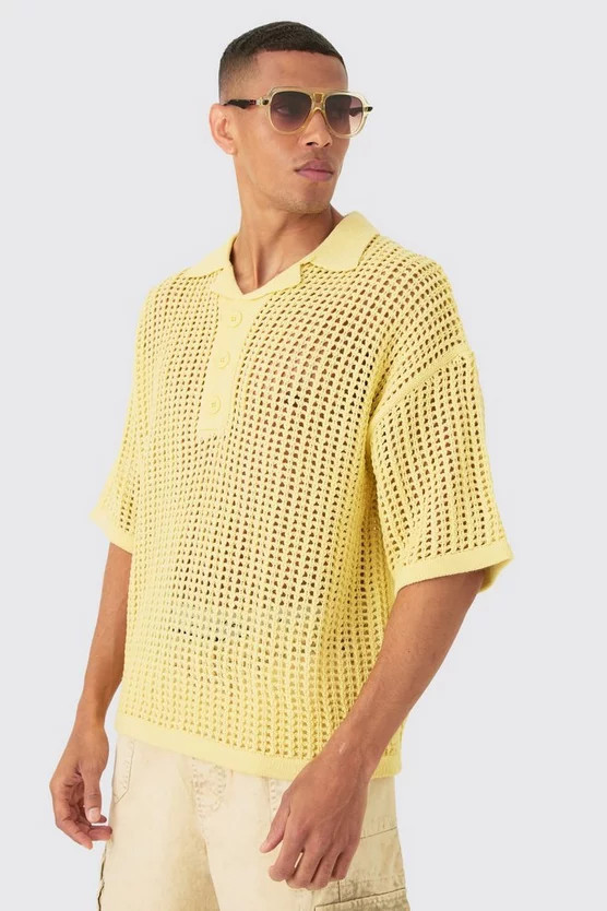 Oversized Open Stitch Deep Revere Knit Polo | boohooMAN (US & Canada)